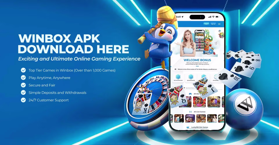 WINBOX APK Download page preview showing mobile app interface, features list, and download options.
