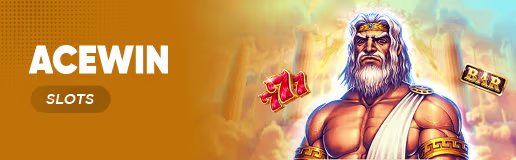 Winbox Acewin slots game banner featuring Zeus character with 777 and BAR symbols on Winbox platform