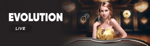 Winbox Evolution Gaming live banner featuring female host in gold dress with chips and dice icons