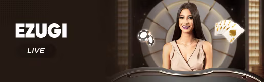 Winbox Ezugi live banner featuring female host with poker cards and chips design