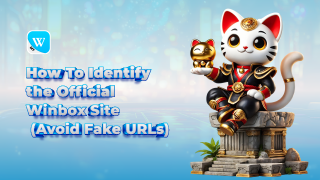 Official Winbox Malaysia guide illustration showing lucky cat mascot beside the title “How to Identify the Official Winbox Site (Avoid Fake URLs)” — representing verified and secure access for players.