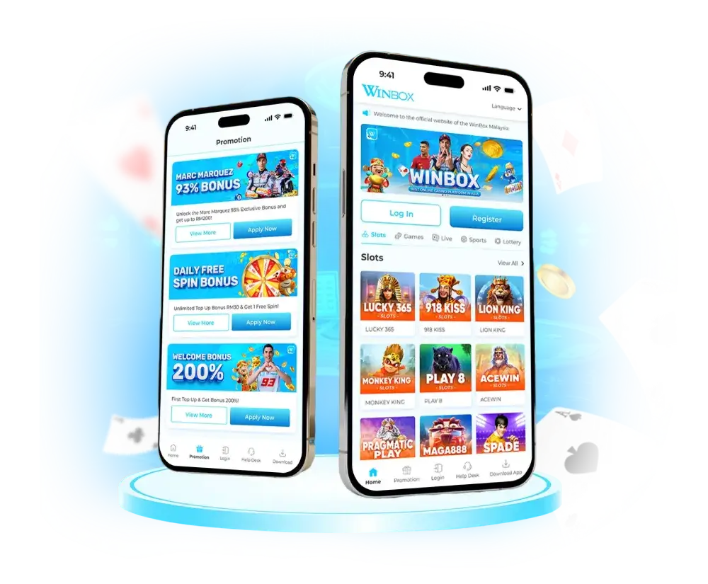 Official Winbox Malaysia mobile app interface showing homepage and promotions with verified slots and features.