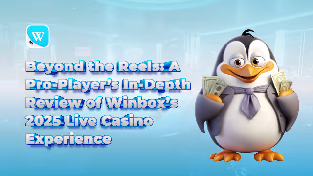 A 3D animated penguin holding stacks of cash, symbolizing winning and success in online gambling, placed next to the title "Beyond the Reels: A Pro-Player’s In-Depth Review of Winbox’s 2025 Live Casino Experience".